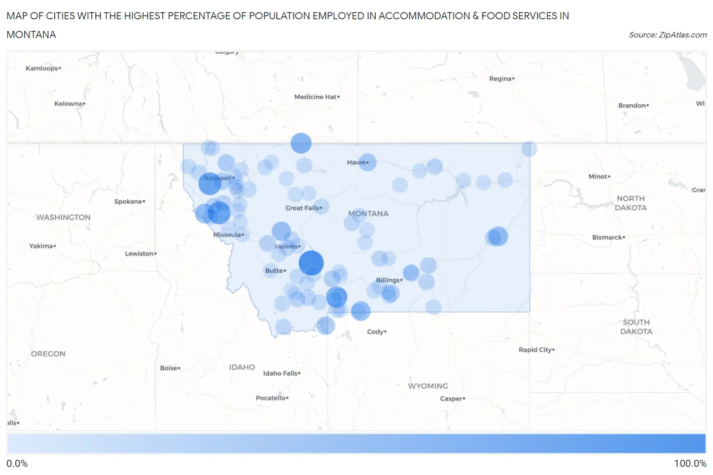 Cities with the Highest Percentage of Population Employed in Accommodation & Food Services in Montana Map