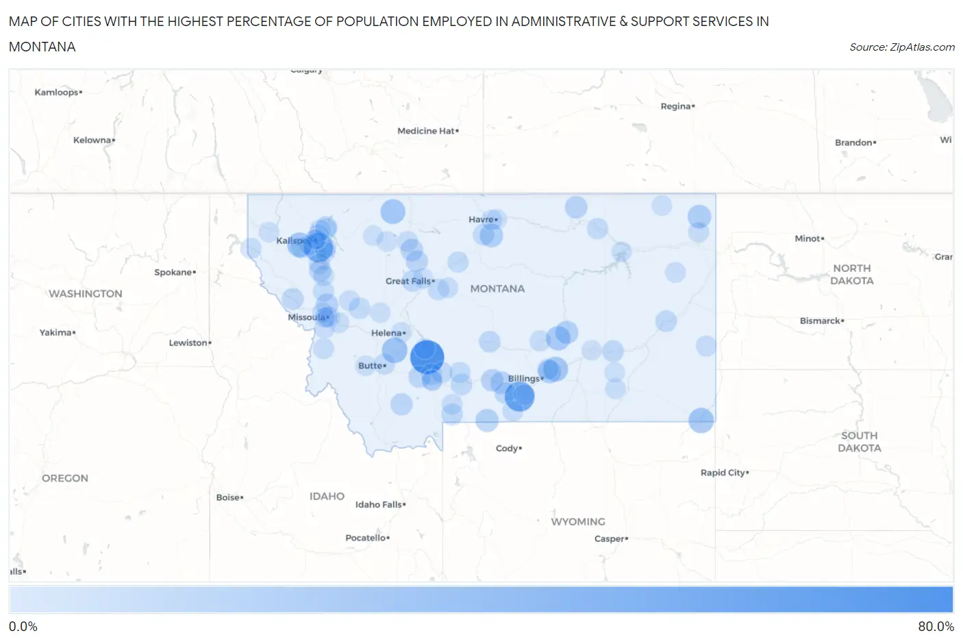 Cities with the Highest Percentage of Population Employed in Administrative & Support Services in Montana Map