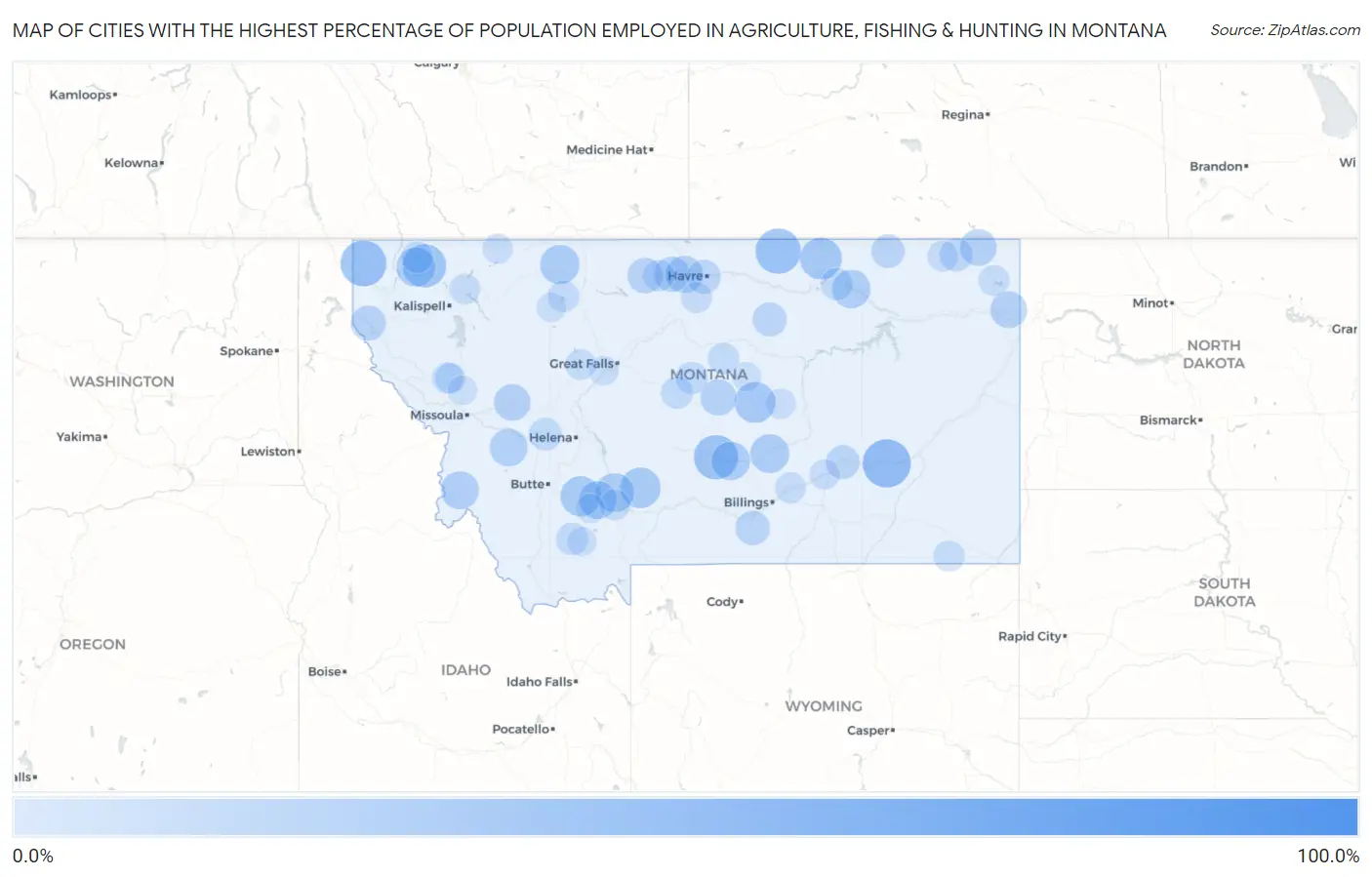 Cities with the Highest Percentage of Population Employed in Agriculture, Fishing & Hunting in Montana Map