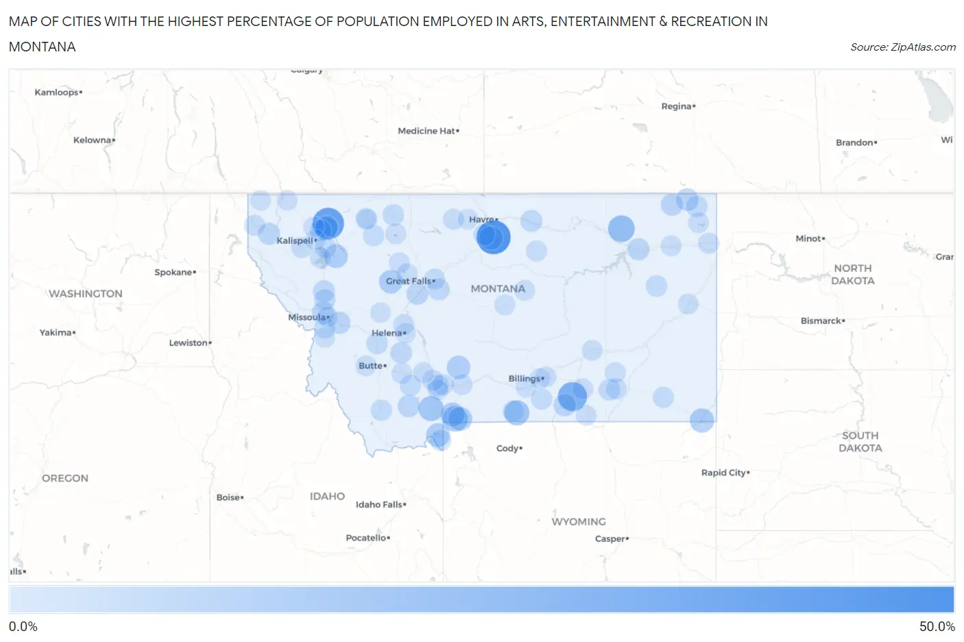 Cities with the Highest Percentage of Population Employed in Arts, Entertainment & Recreation in Montana Map