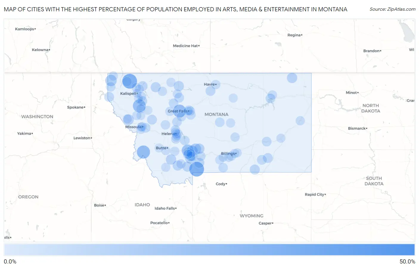 Cities with the Highest Percentage of Population Employed in Arts, Media & Entertainment in Montana Map