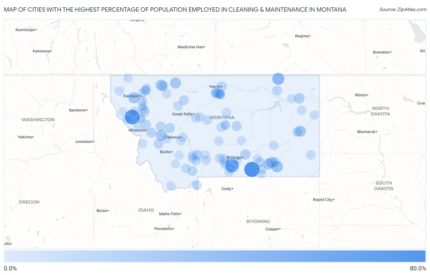 Cities with the Highest Percentage of Population Employed in Cleaning & Maintenance in Montana Map