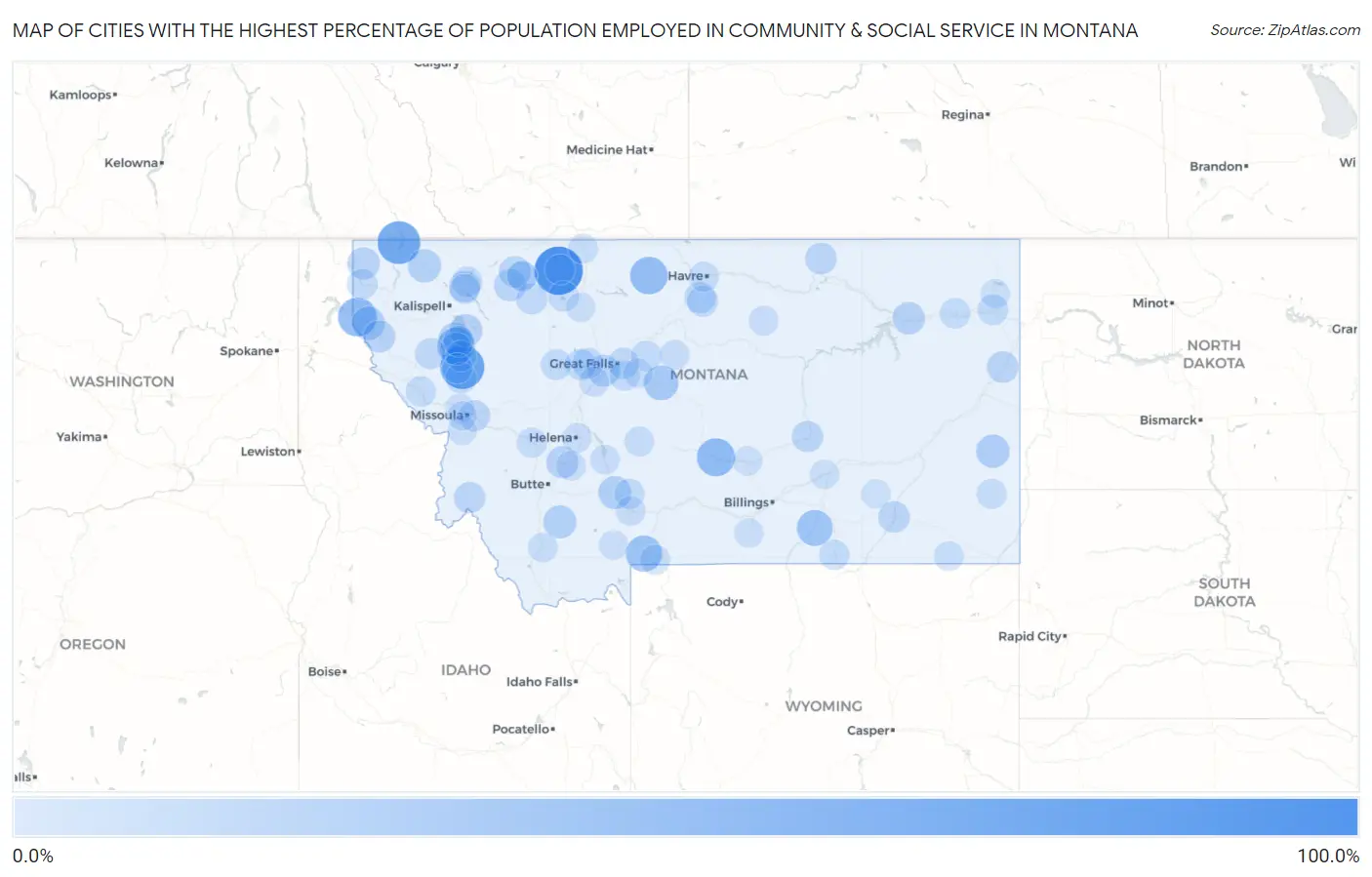 Cities with the Highest Percentage of Population Employed in Community & Social Service  in Montana Map