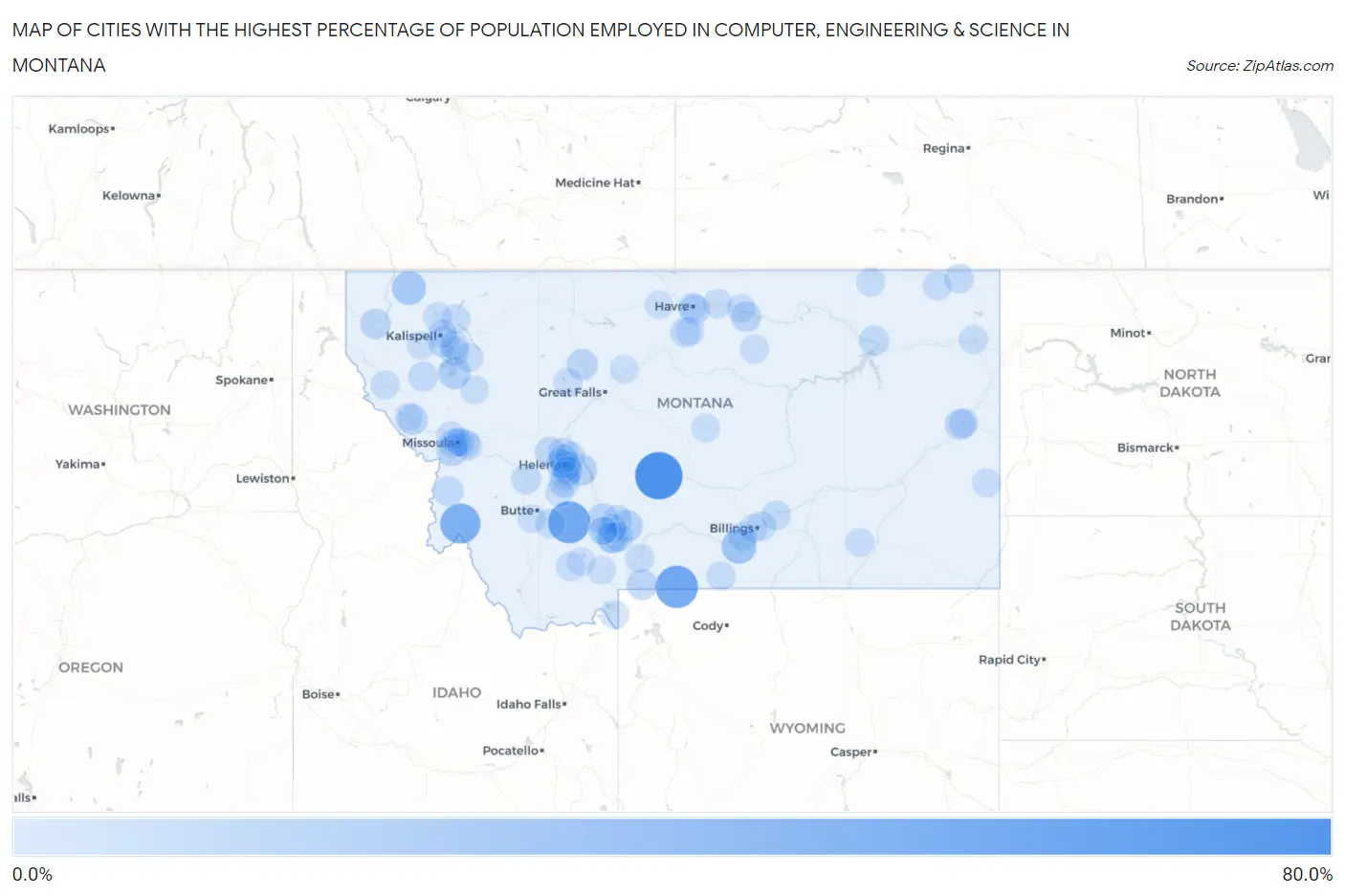 Cities with the Highest Percentage of Population Employed in Computer, Engineering & Science in Montana Map