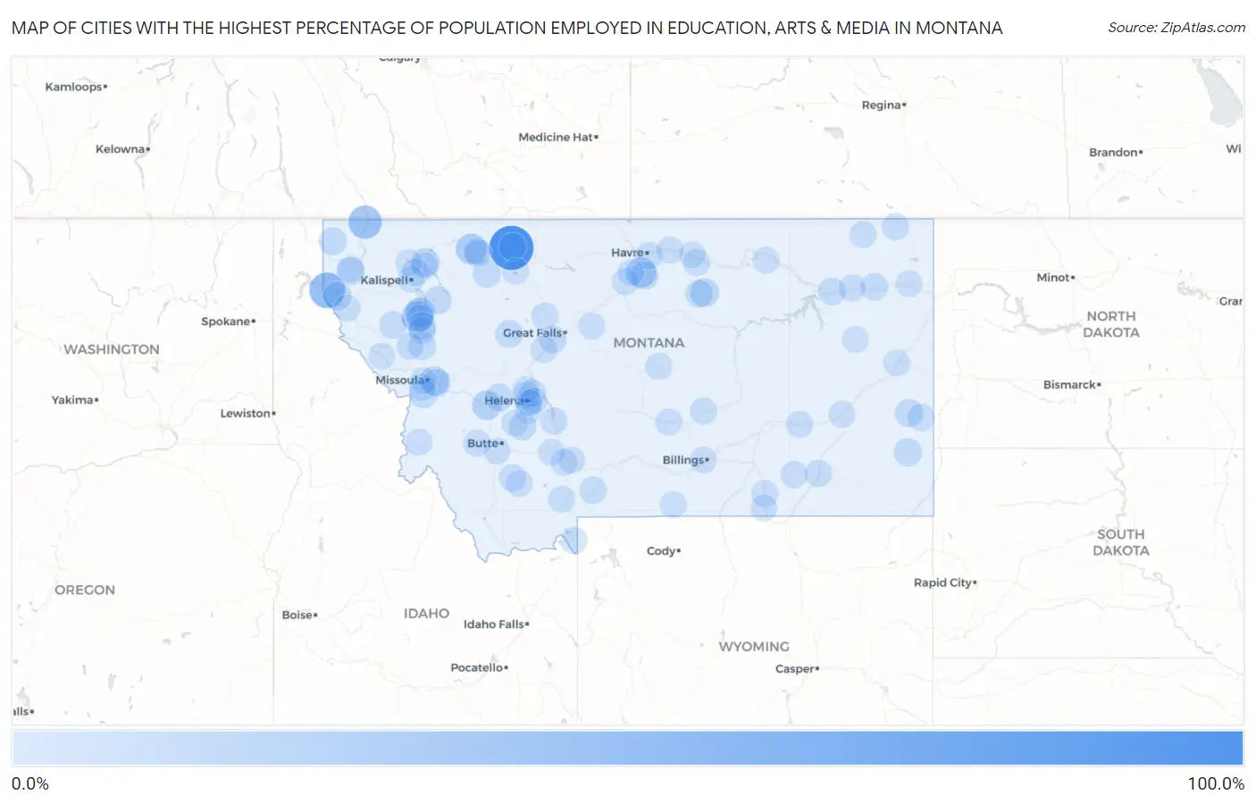 Cities with the Highest Percentage of Population Employed in Education, Arts & Media in Montana Map