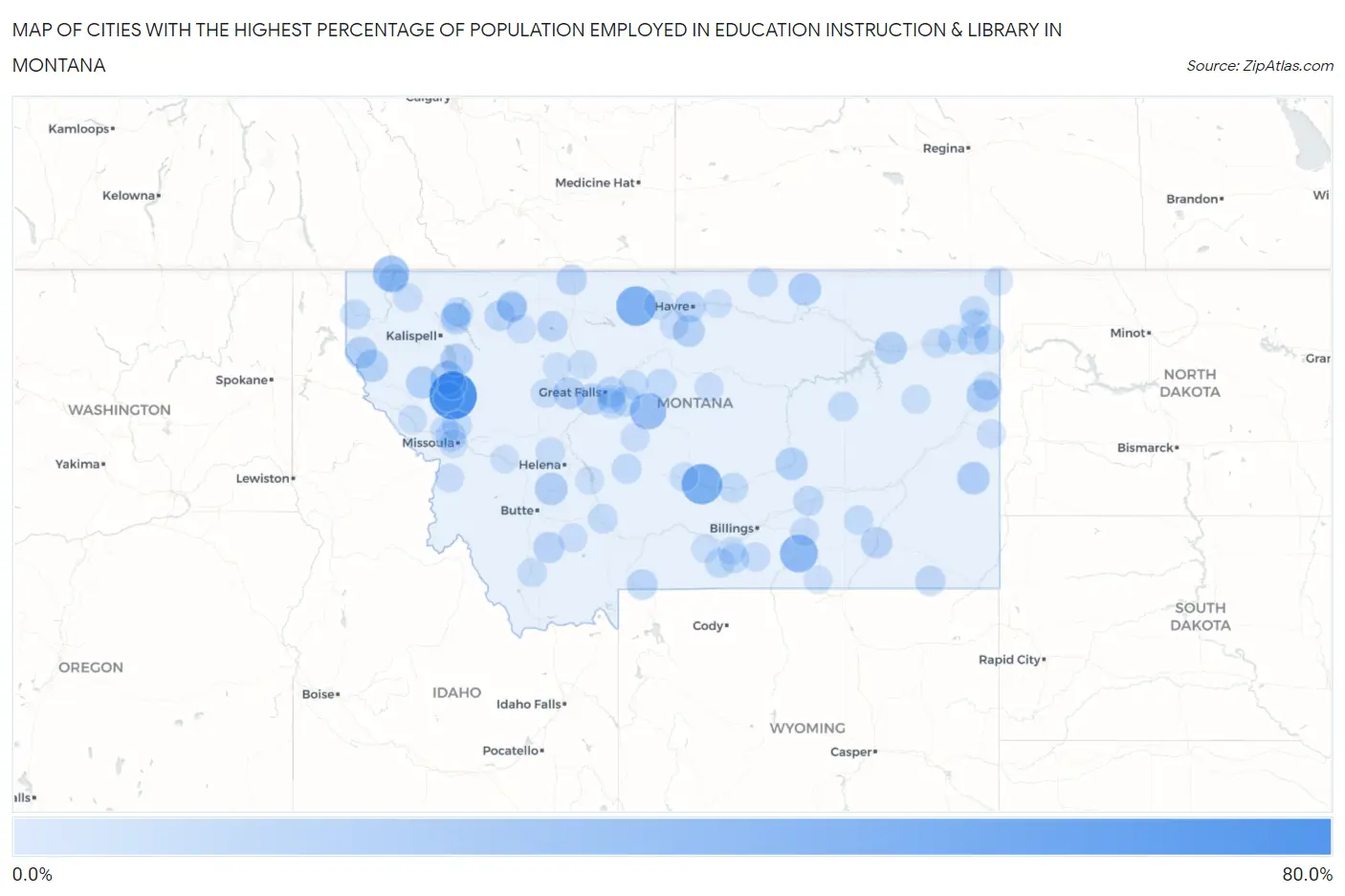 Cities with the Highest Percentage of Population Employed in Education Instruction & Library in Montana Map