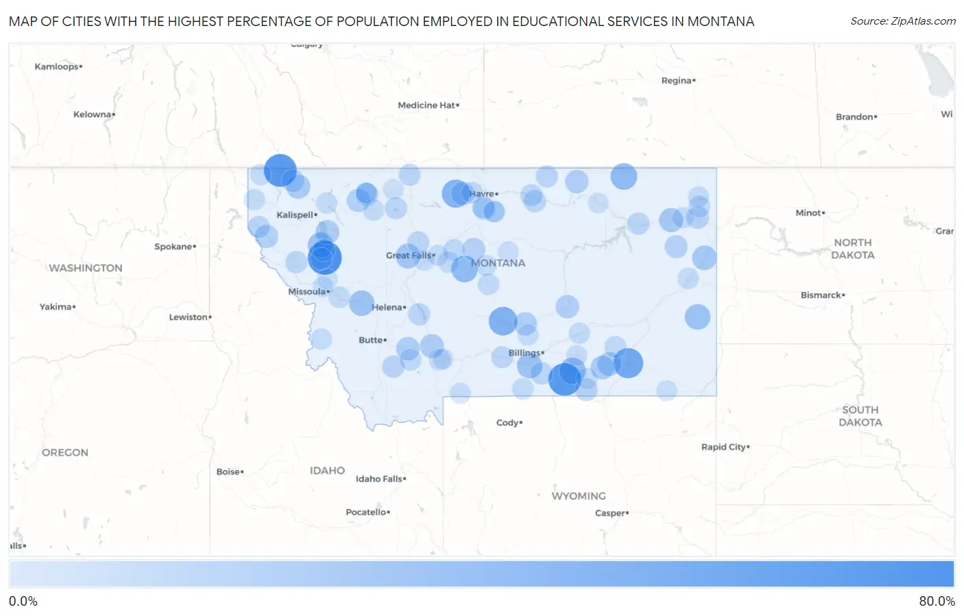 Cities with the Highest Percentage of Population Employed in Educational Services in Montana Map