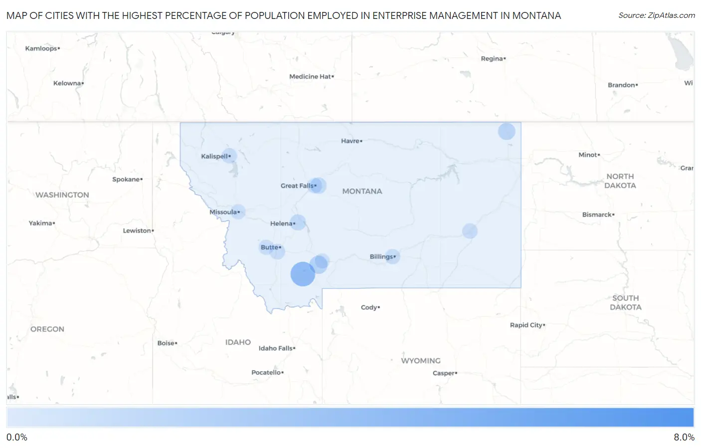 Cities with the Highest Percentage of Population Employed in Enterprise Management in Montana Map