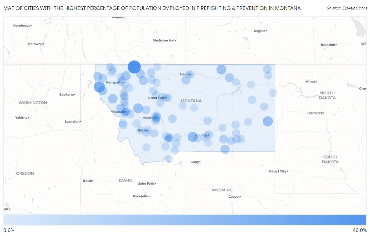 Cities with the Highest Percentage of Population Employed in Firefighting & Prevention in Montana Map