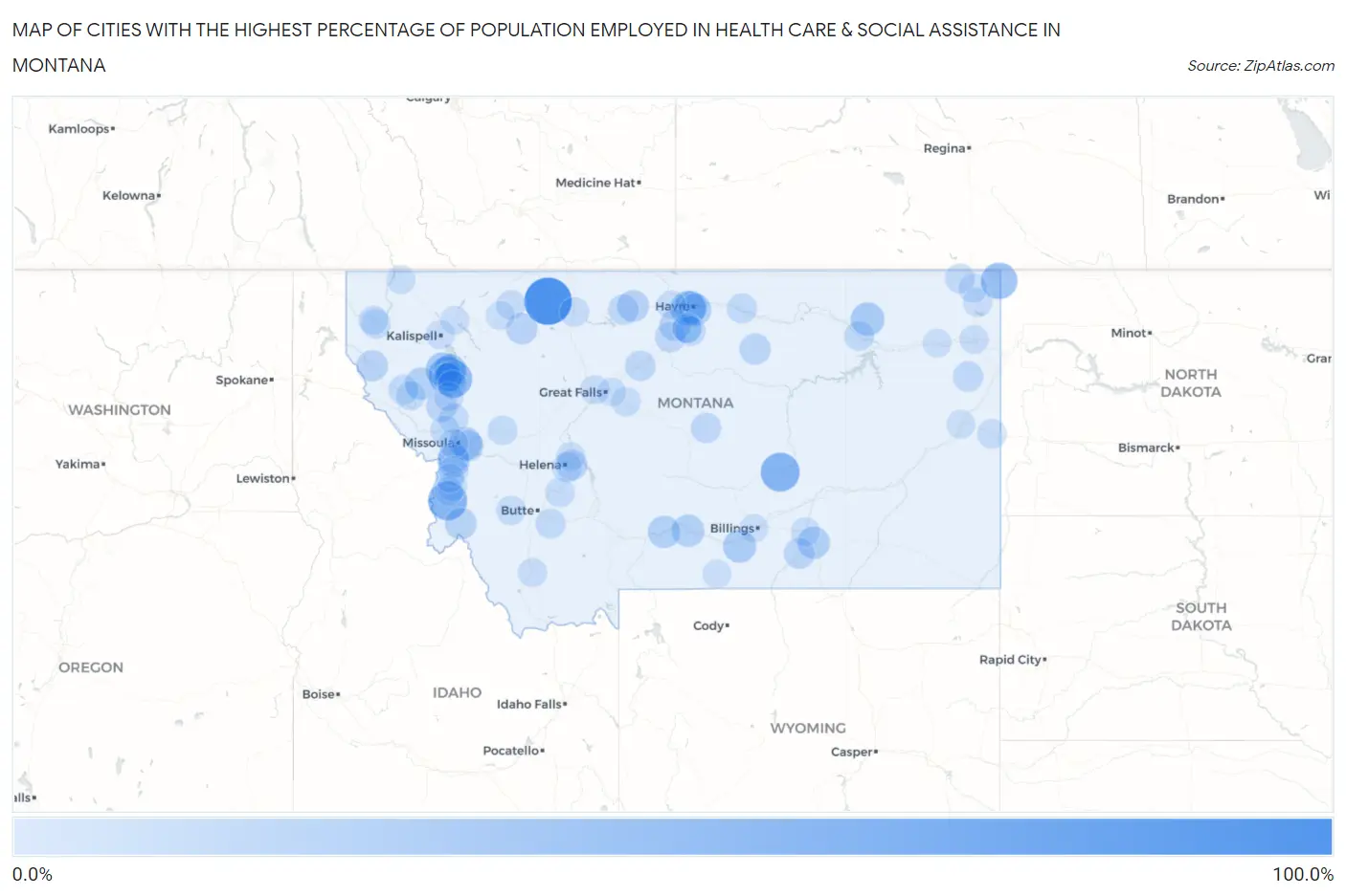 Cities with the Highest Percentage of Population Employed in Health Care & Social Assistance in Montana Map