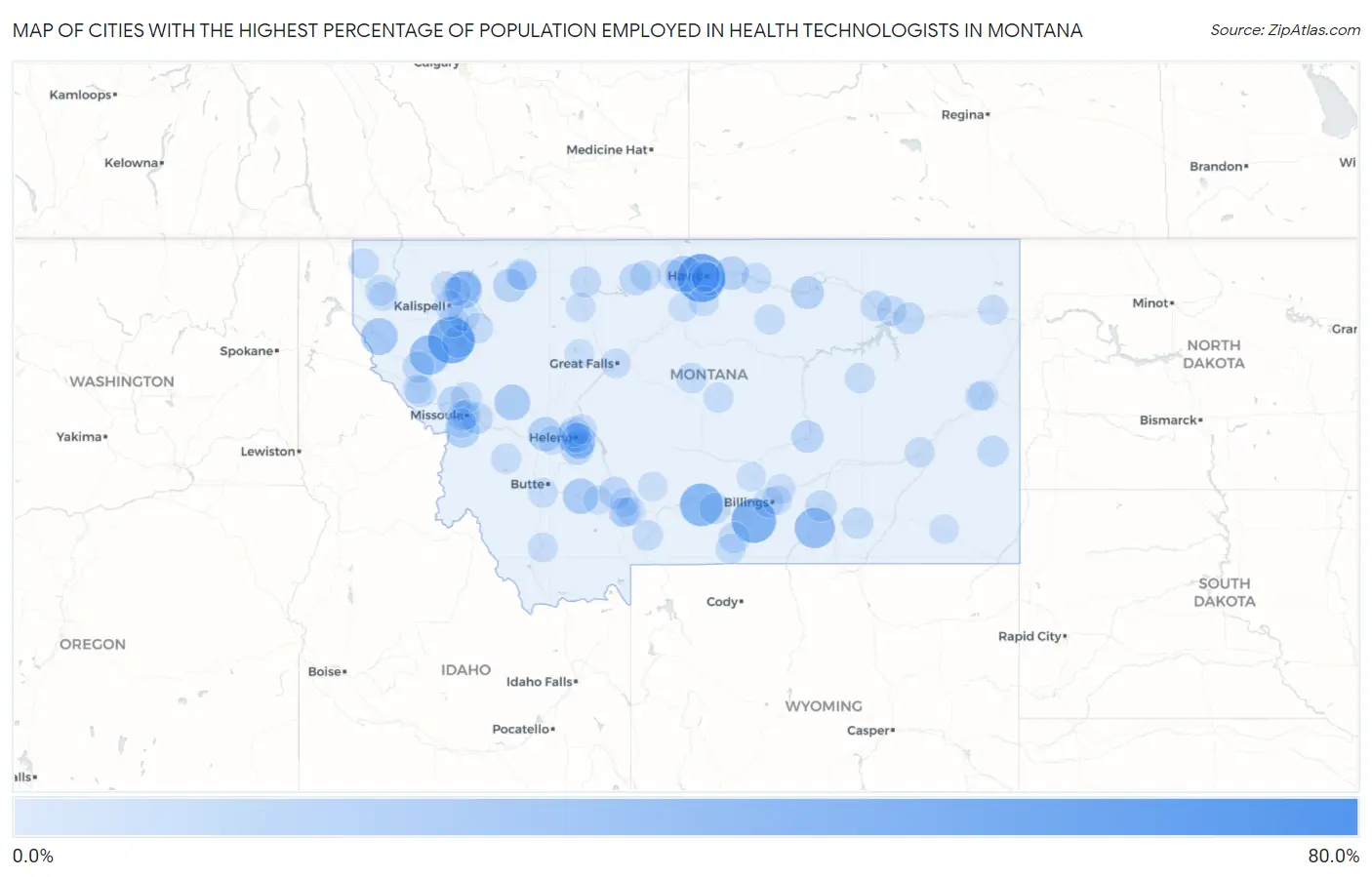 Cities with the Highest Percentage of Population Employed in Health Technologists in Montana Map