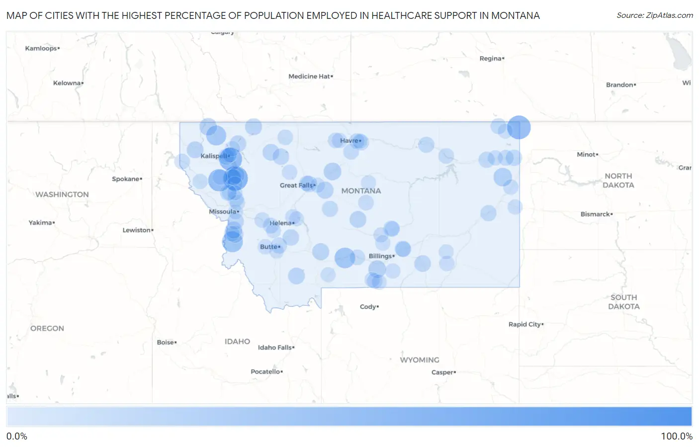 Cities with the Highest Percentage of Population Employed in Healthcare Support in Montana Map