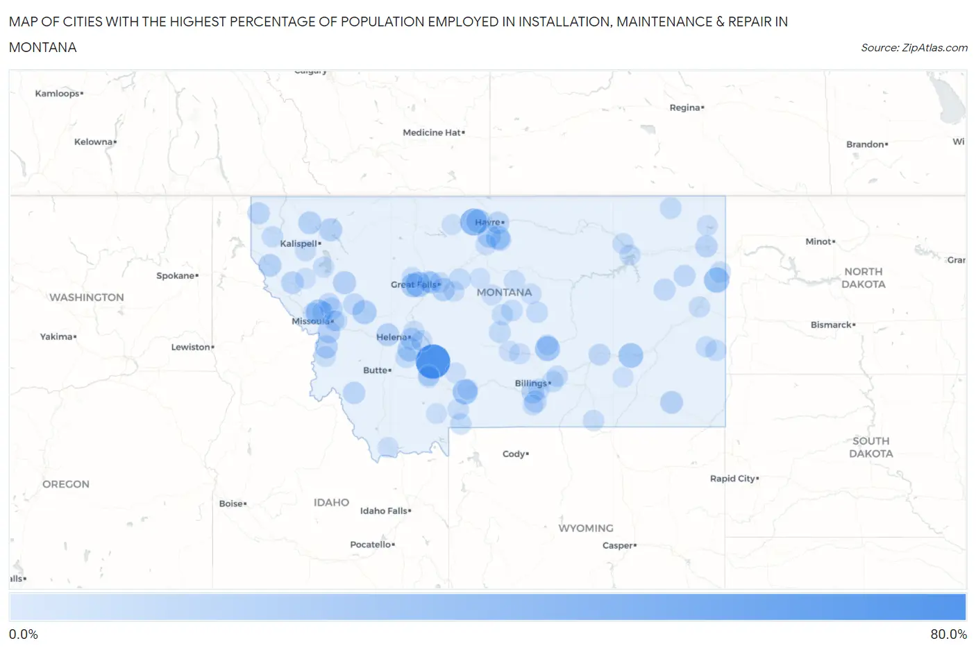 Cities with the Highest Percentage of Population Employed in Installation, Maintenance & Repair in Montana Map