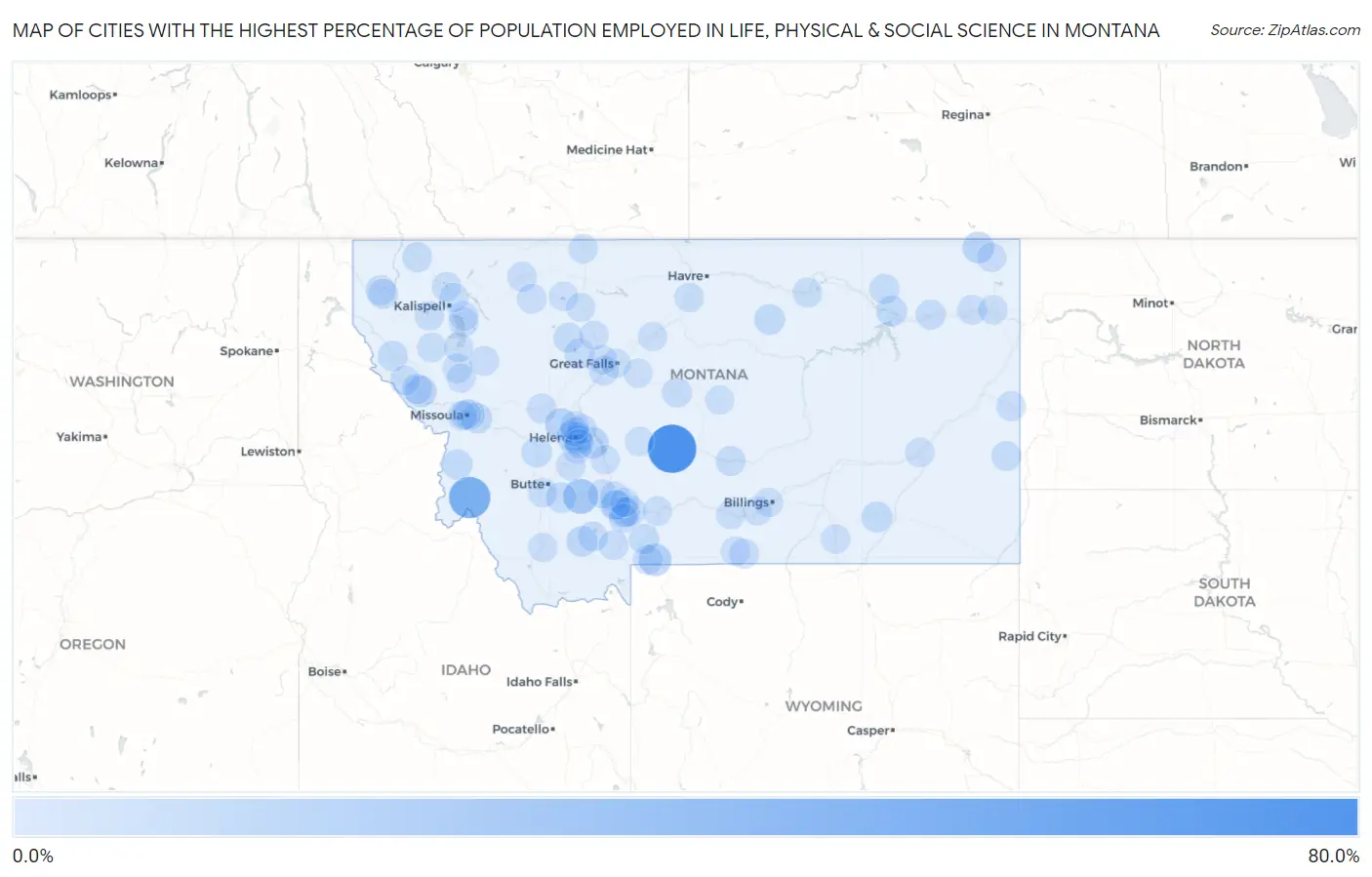 Cities with the Highest Percentage of Population Employed in Life, Physical & Social Science in Montana Map