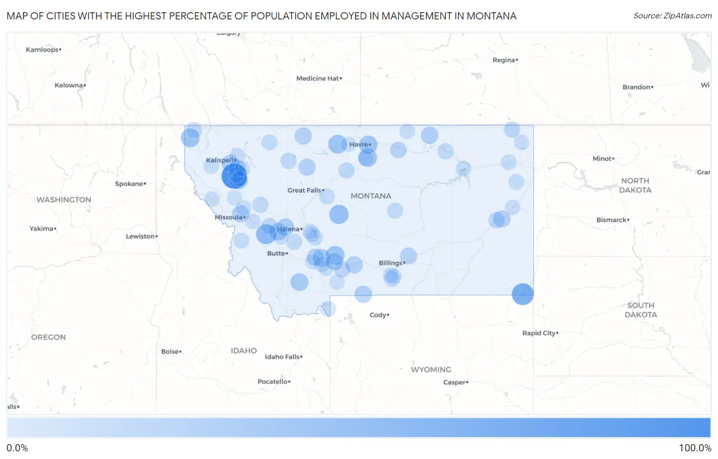 Cities with the Highest Percentage of Population Employed in Management in Montana Map