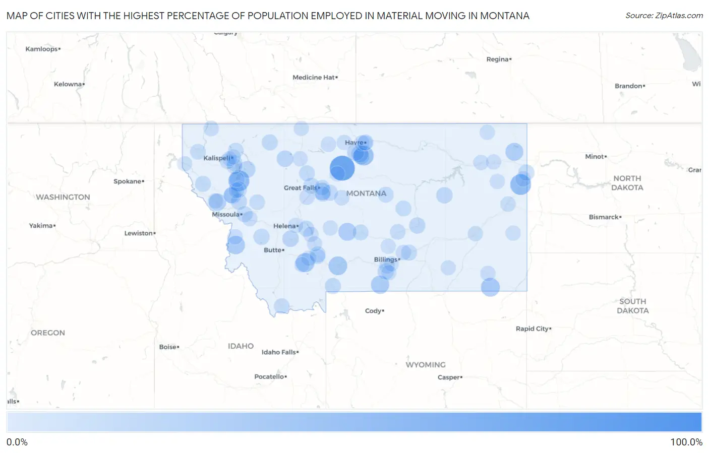 Cities with the Highest Percentage of Population Employed in Material Moving in Montana Map
