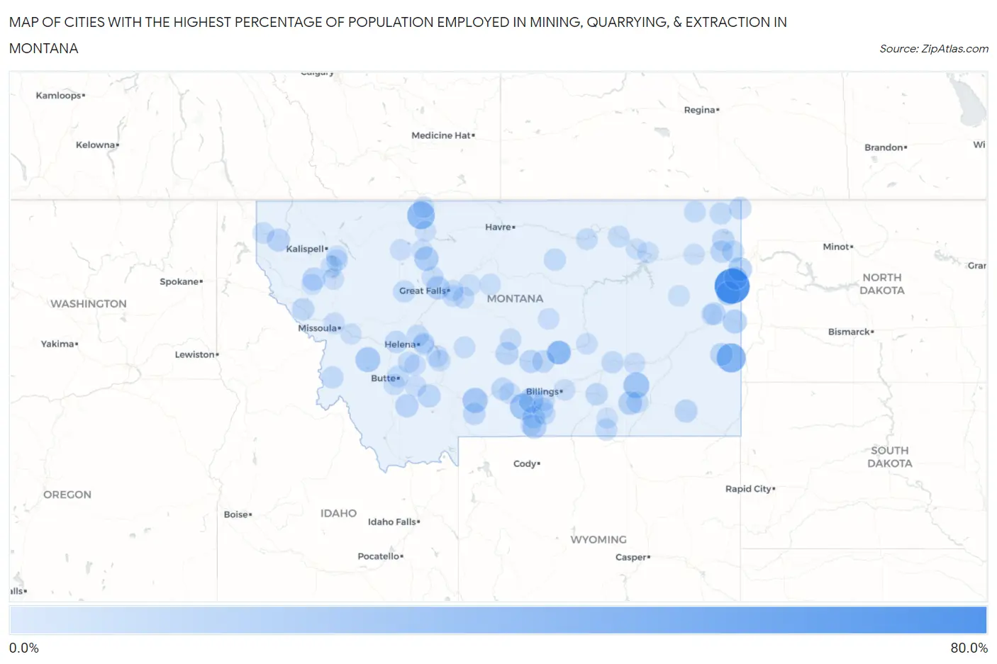 Cities with the Highest Percentage of Population Employed in Mining, Quarrying, & Extraction in Montana Map