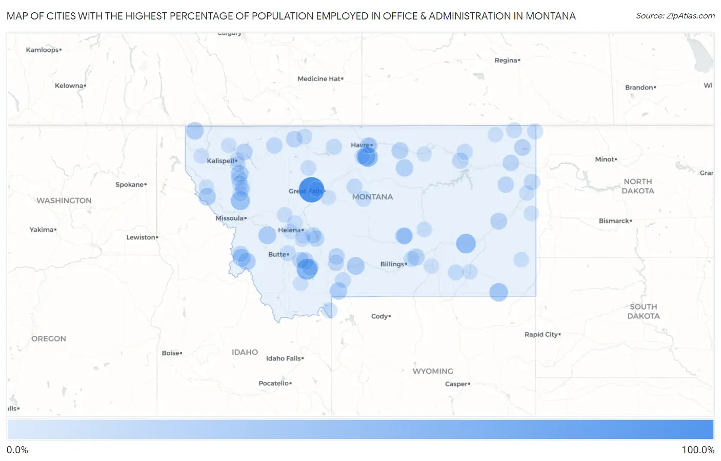 Cities with the Highest Percentage of Population Employed in Office & Administration in Montana Map