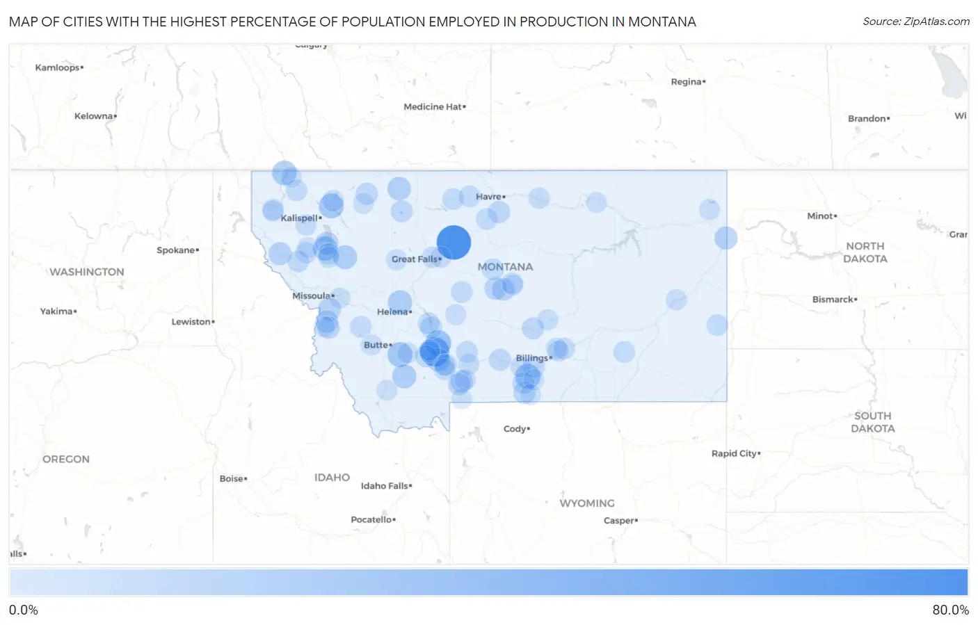 Cities with the Highest Percentage of Population Employed in Production in Montana Map