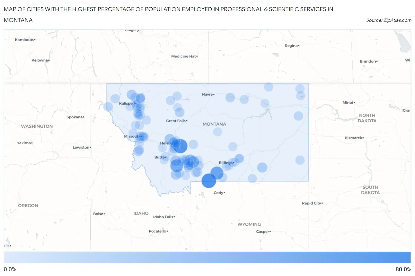 Cities with the Highest Percentage of Population Employed in Professional & Scientific Services in Montana Map