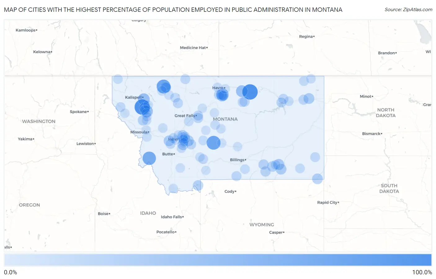 Cities with the Highest Percentage of Population Employed in Public Administration in Montana Map