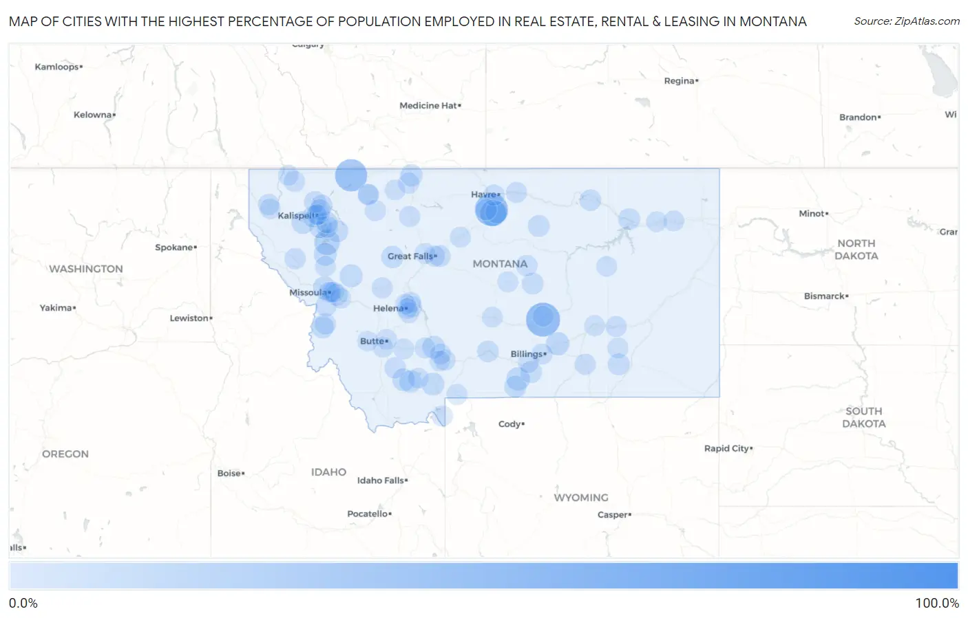 Cities with the Highest Percentage of Population Employed in Real Estate, Rental & Leasing in Montana Map
