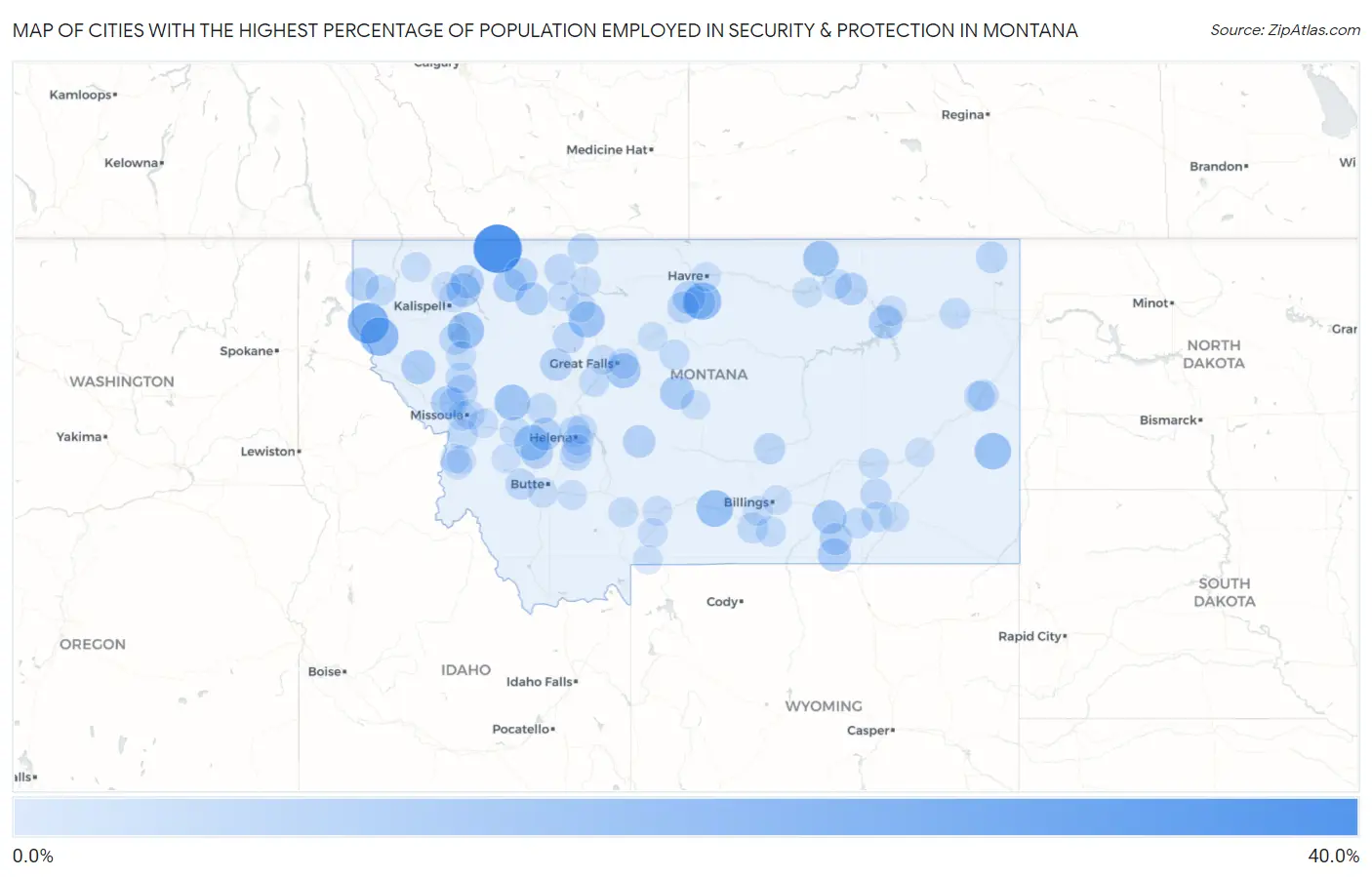 Cities with the Highest Percentage of Population Employed in Security & Protection in Montana Map