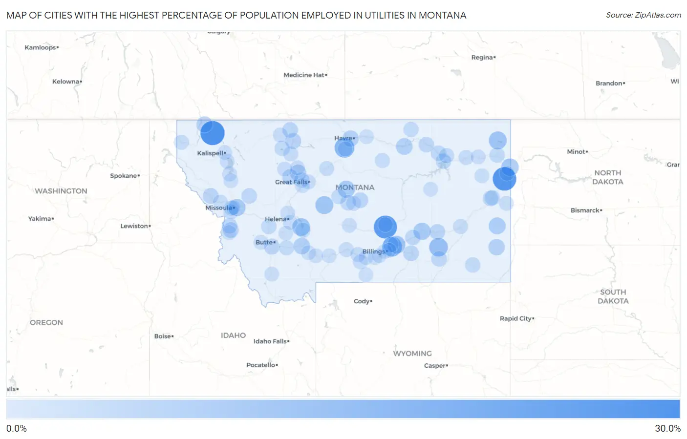 Cities with the Highest Percentage of Population Employed in Utilities in Montana Map