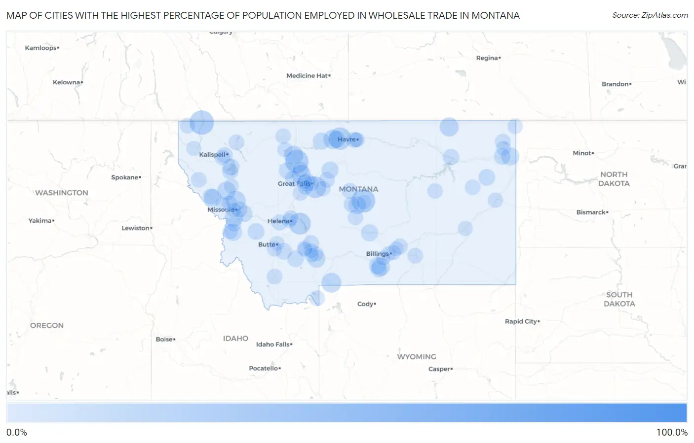 Cities with the Highest Percentage of Population Employed in Wholesale Trade in Montana Map