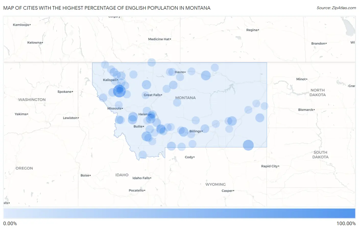 Cities with the Highest Percentage of English Population in Montana Map