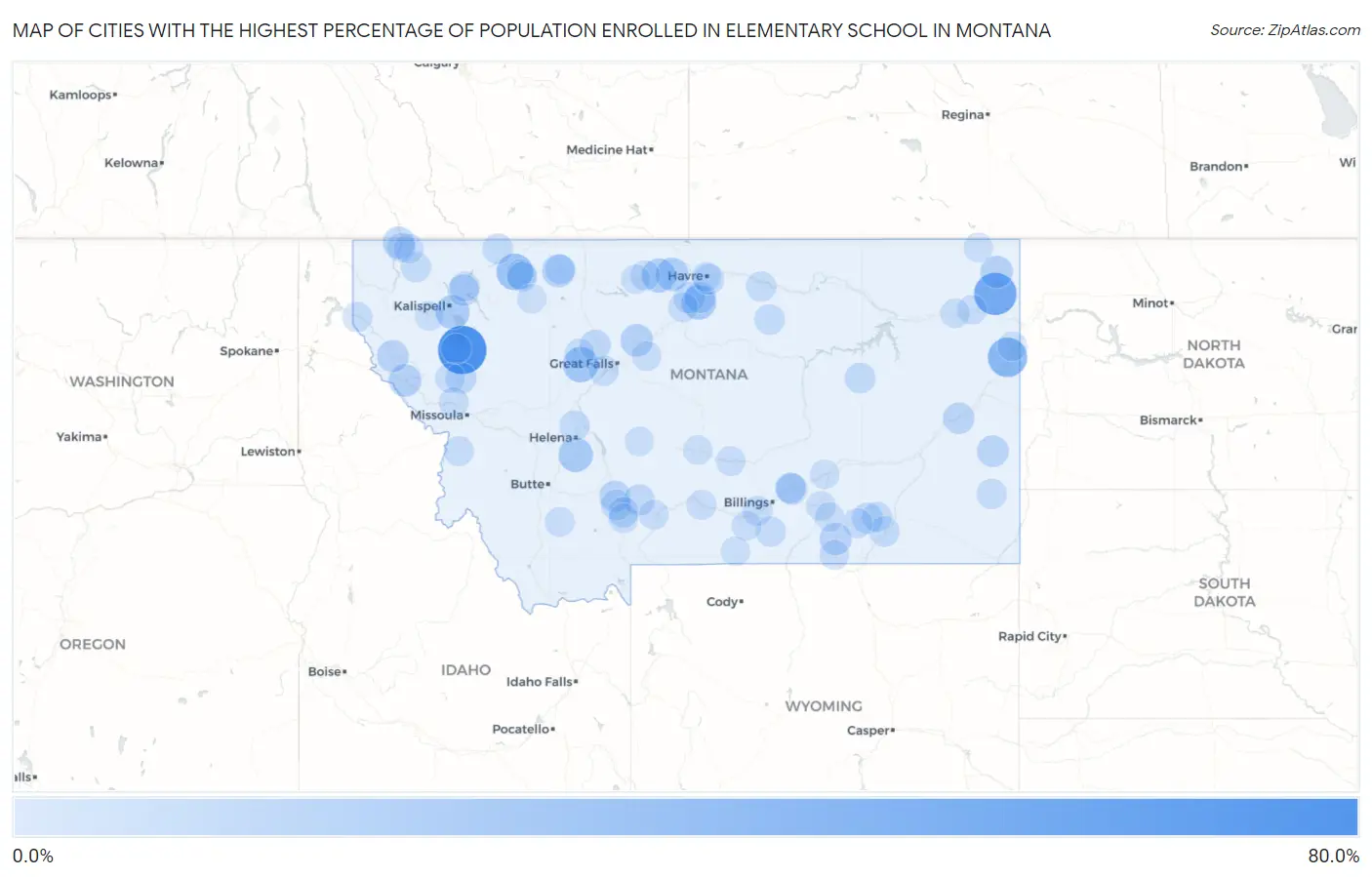 Cities with the Highest Percentage of Population Enrolled in Elementary School in Montana Map