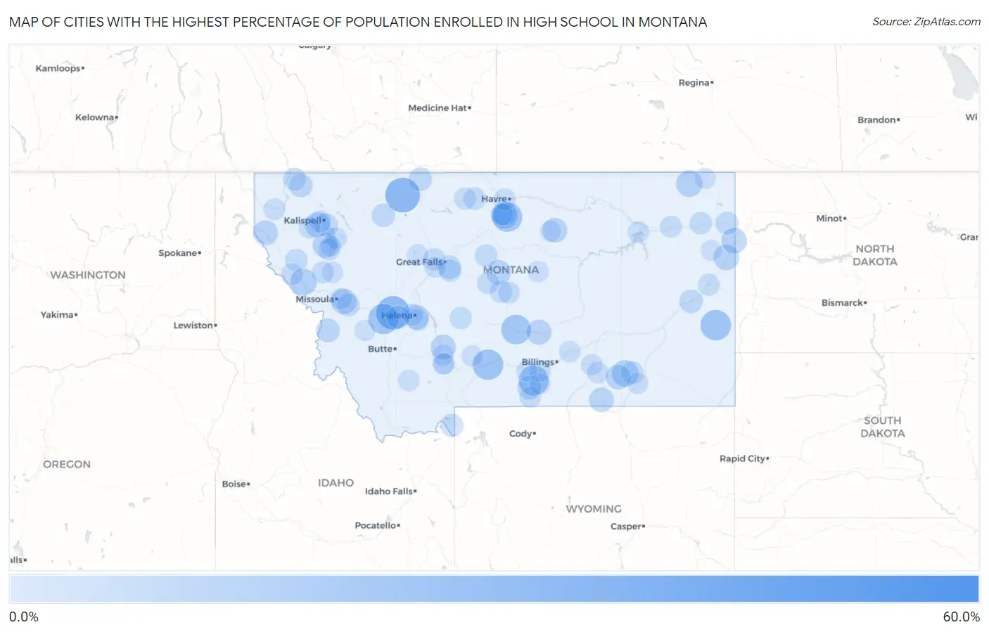 Cities with the Highest Percentage of Population Enrolled in High School in Montana Map
