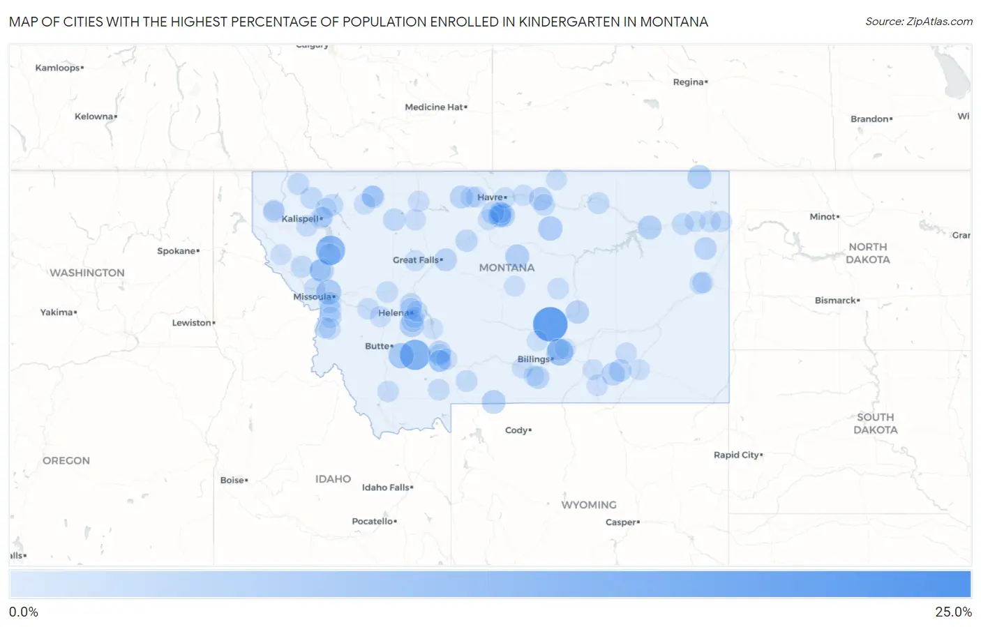 Cities with the Highest Percentage of Population Enrolled in Kindergarten in Montana Map
