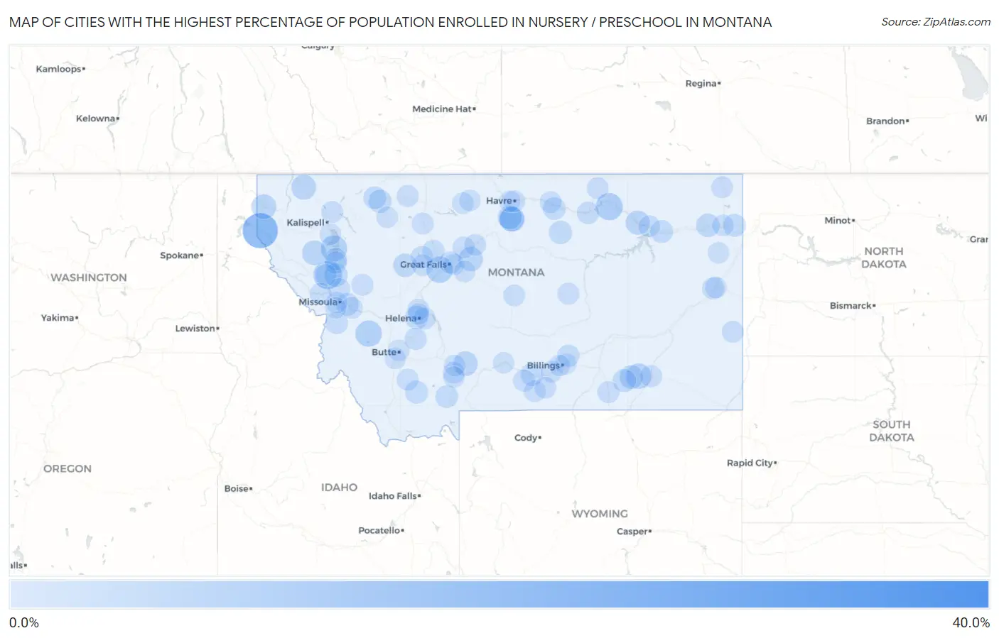 Cities with the Highest Percentage of Population Enrolled in Nursery / Preschool in Montana Map