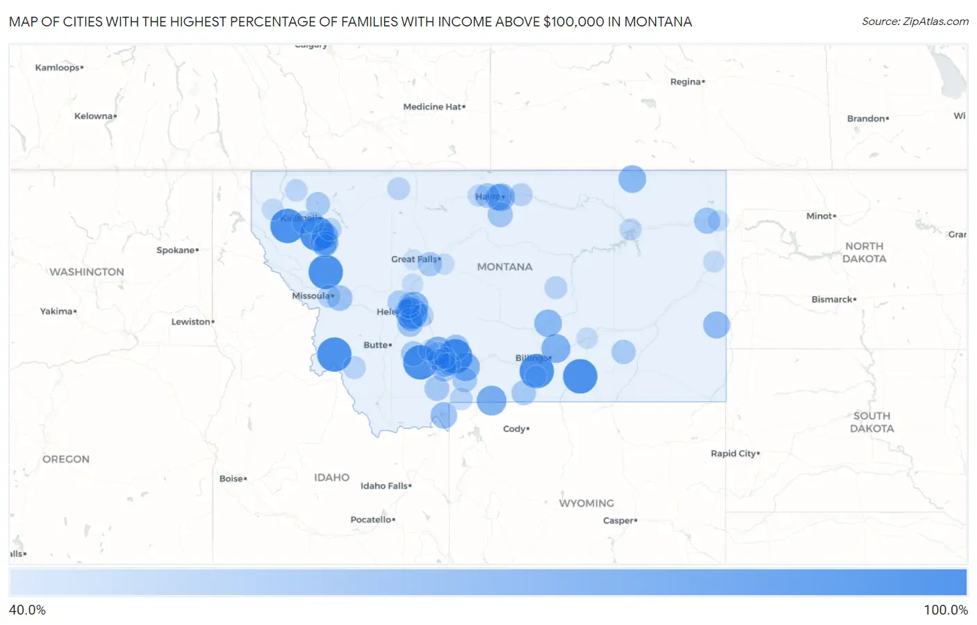Cities with the Highest Percentage of Families with Income Above $100,000 in Montana Map