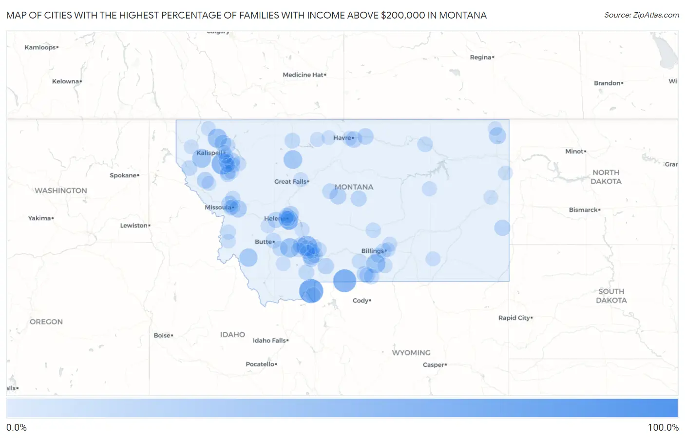 Cities with the Highest Percentage of Families with Income Above $200,000 in Montana Map