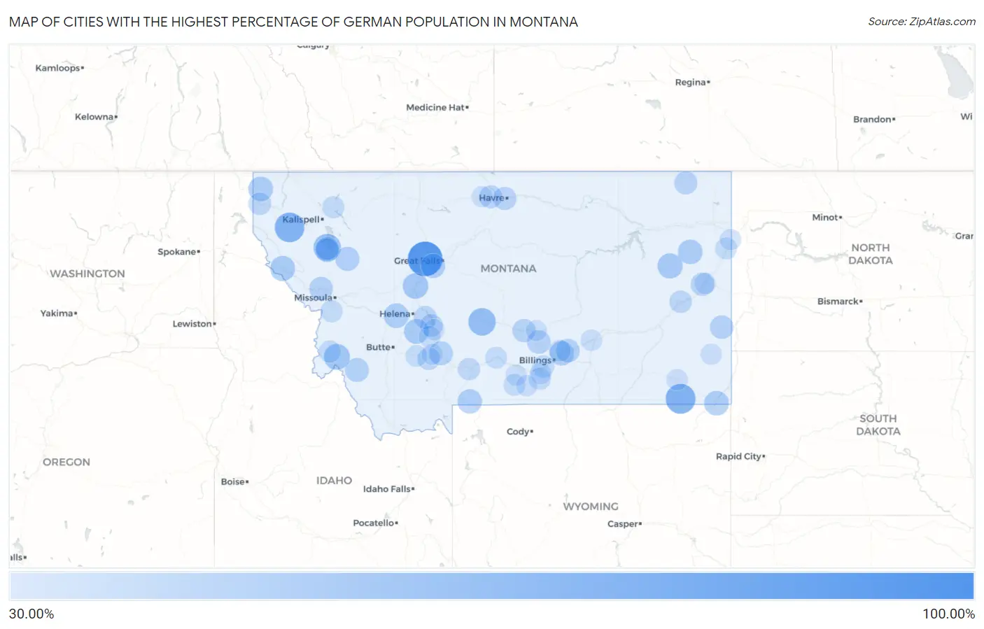 Cities with the Highest Percentage of German Population in Montana Map