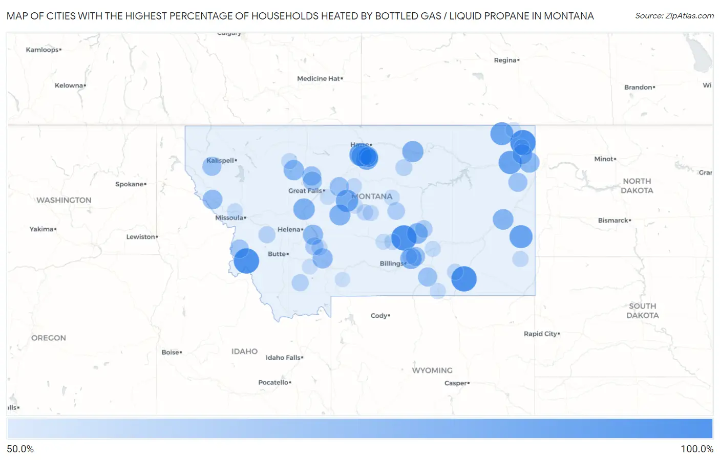 Cities with the Highest Percentage of Households Heated by Bottled Gas / Liquid Propane in Montana Map