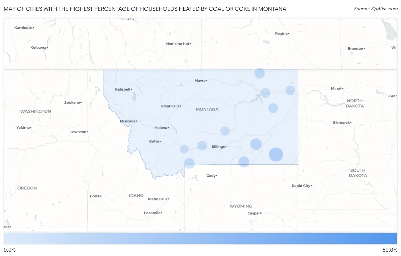 Cities with the Highest Percentage of Households Heated by Coal or Coke in Montana Map