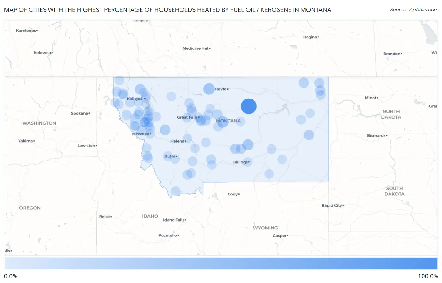 Cities with the Highest Percentage of Households Heated by Fuel Oil / Kerosene in Montana Map