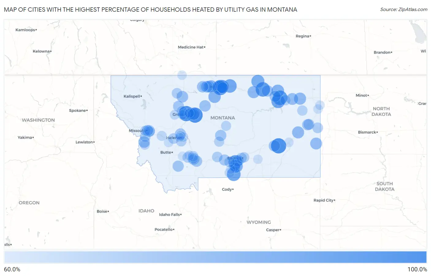 Cities with the Highest Percentage of Households Heated by Utility Gas in Montana Map