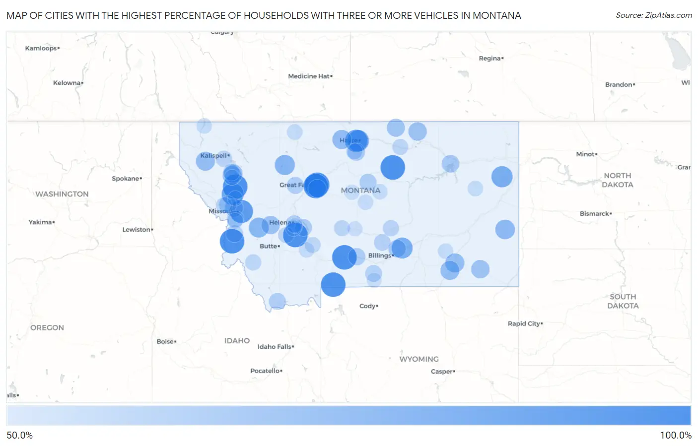 Cities with the Highest Percentage of Households With Three or more Vehicles in Montana Map