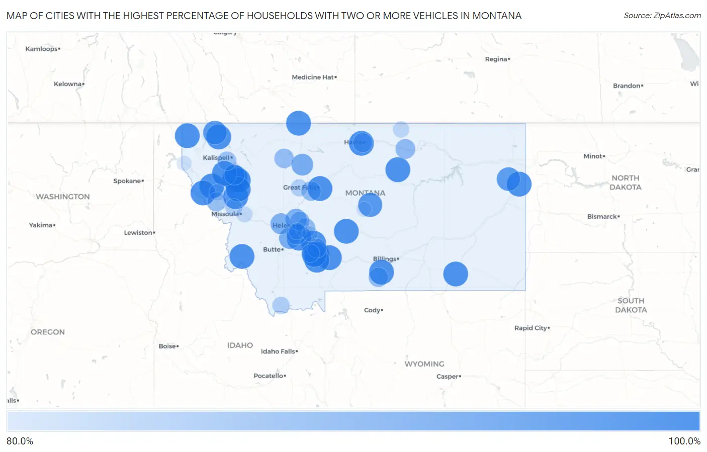 Cities with the Highest Percentage of Households With Two or more Vehicles in Montana Map