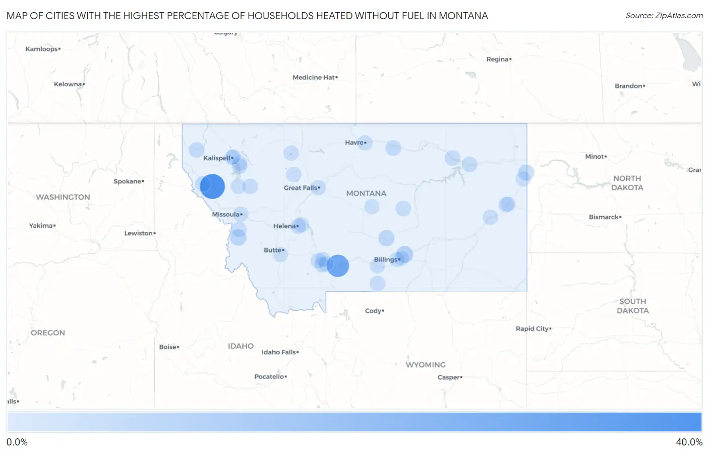 Cities with the Highest Percentage of Households Heated without Fuel in Montana Map