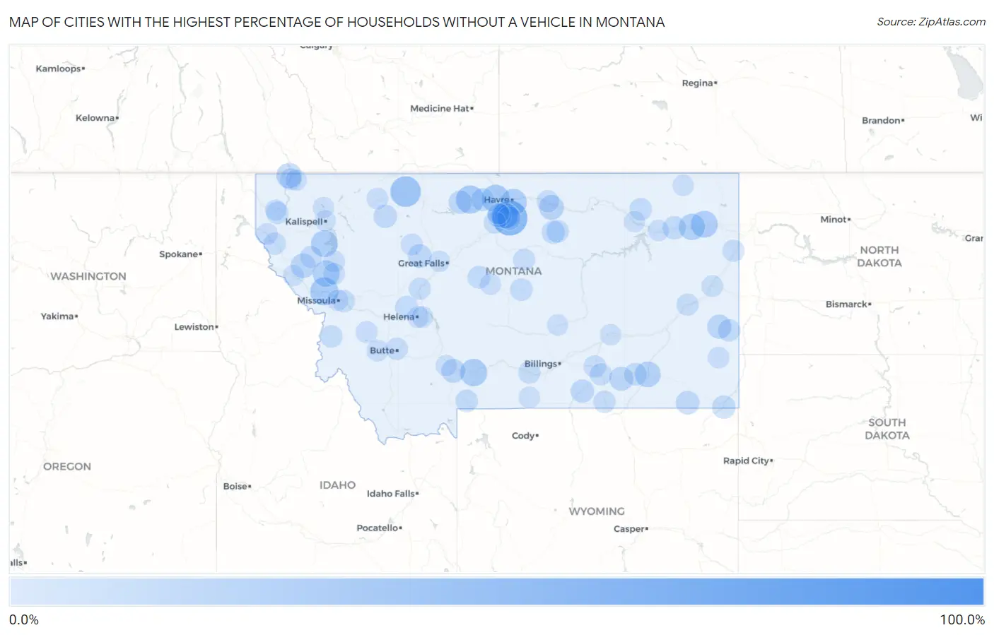 Cities with the Highest Percentage of Households Without a Vehicle in Montana Map