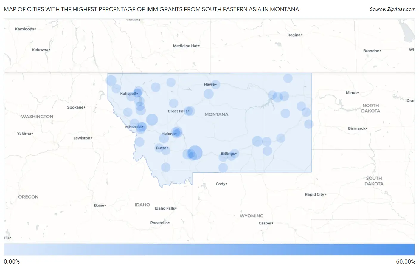 Cities with the Highest Percentage of Immigrants from South Eastern Asia in Montana Map
