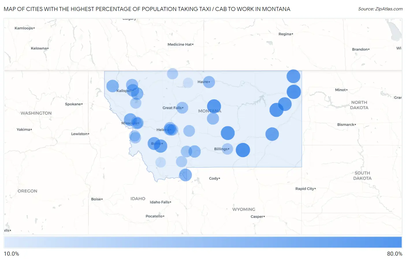 Cities with the Highest Percentage of Population Taking Taxi / Cab to Work in Montana Map