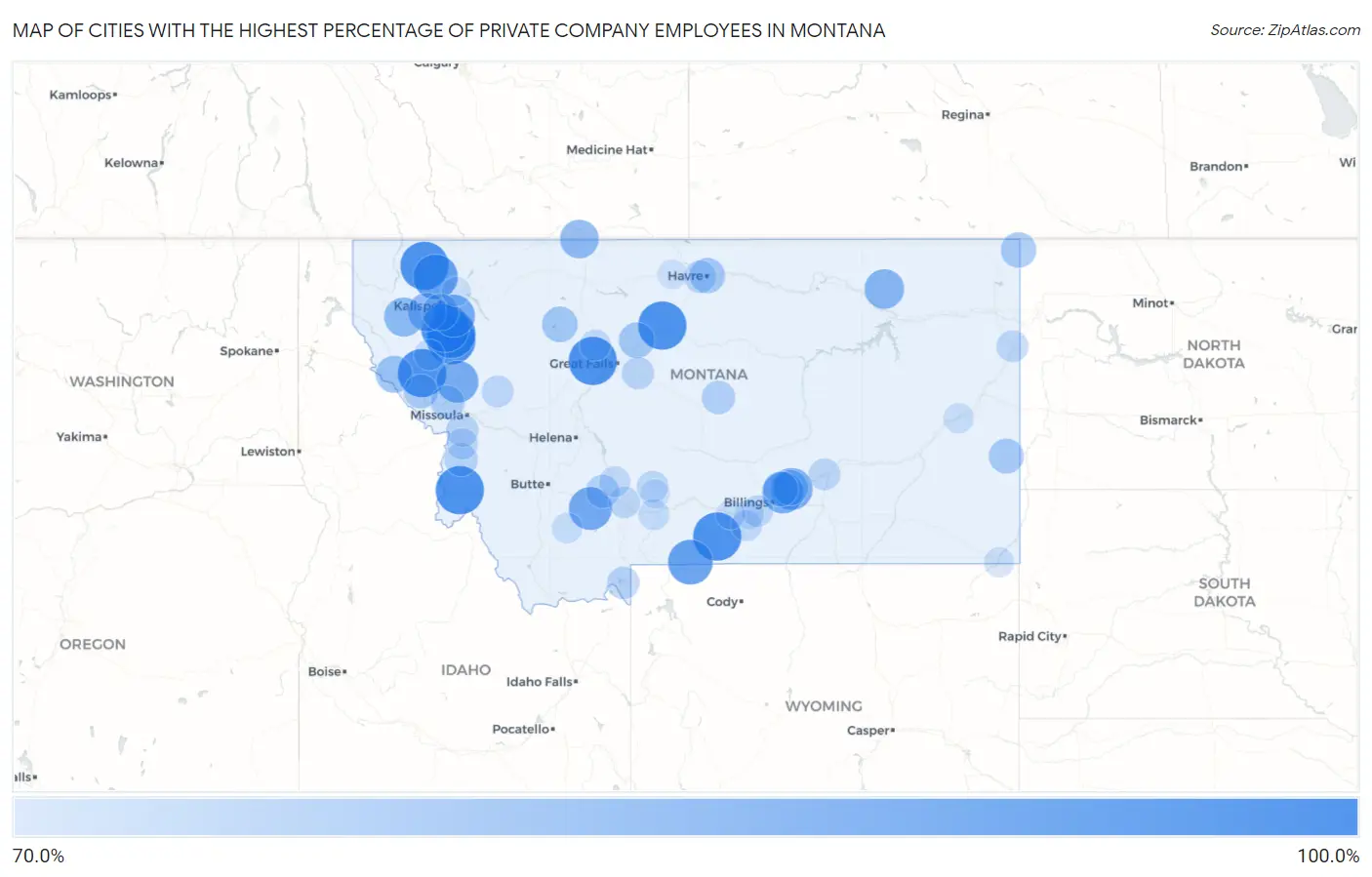 Cities with the Highest Percentage of Private Company Employees in Montana Map
