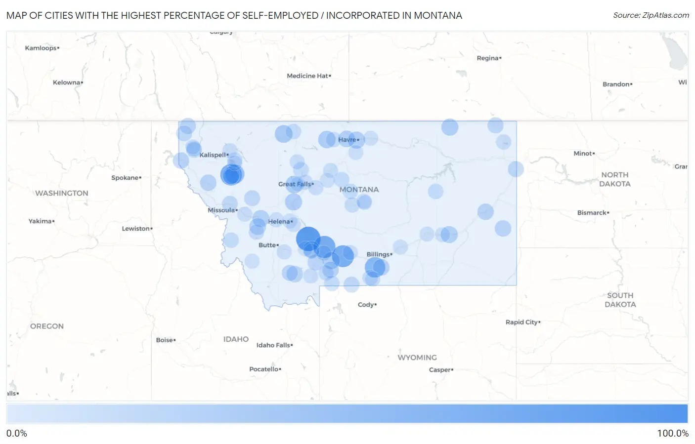 Cities with the Highest Percentage of Self-Employed / Incorporated in Montana Map