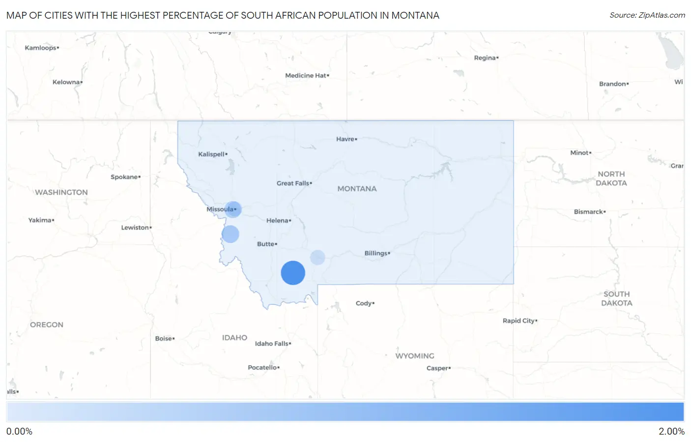 Cities with the Highest Percentage of South African Population in Montana Map